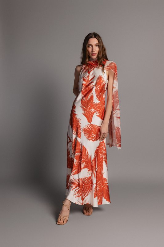 VESTIDO AMUNET MAS CHALL PLUMAS TEJA